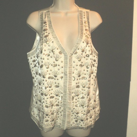 Chico's Jackets & Blazers - Chico's Vest Size 1, S-M Off White Satin Shimmer w/ Antique Gold Beads, Sequins
